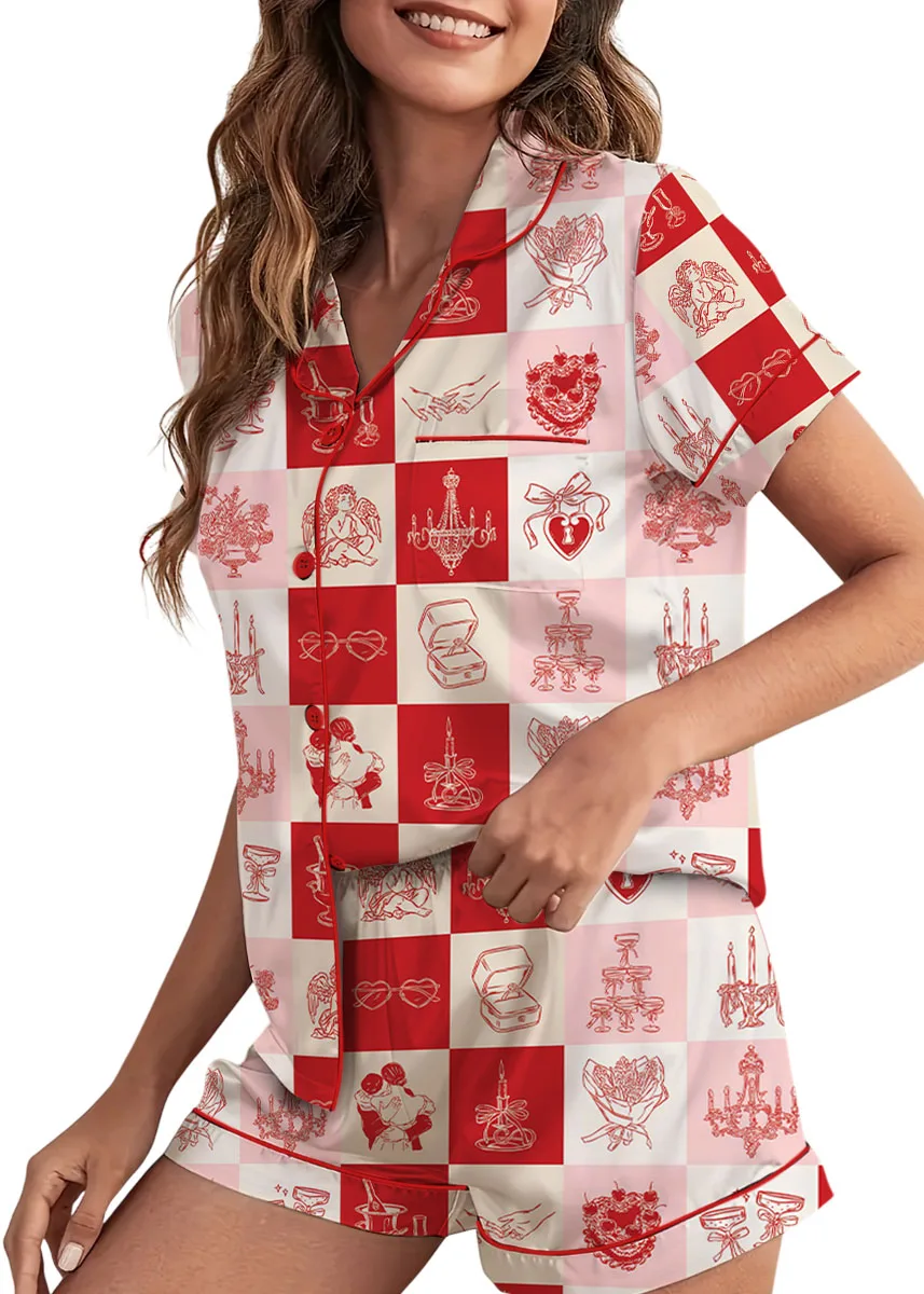 Women's Love And Wedding Satin Pajamas Set, US Size S-5XL - Image 2