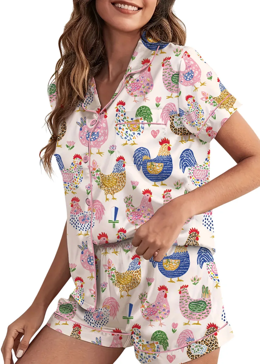 Women's Floral Chicken Satin Pajamas Set, White Color, US Size S-5XL - Image 4