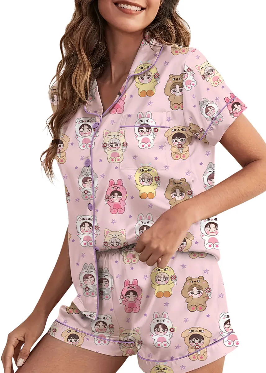 Women’s Kpop Characters Cute Pajamas Set For Women, Pink Color, US Size S-5XL - Image 2