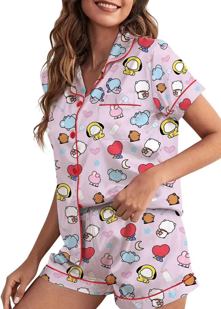 Women’s Kpop Characters Cute Pajamas Set For Women, Pink Color, US Size S-5XL - Image 3