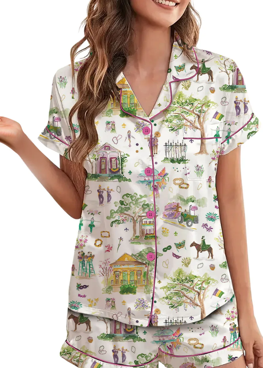 Women’s Mardi Gras Parade Pajamas Set For Women, White Color, US Size S-5XL - Image 4