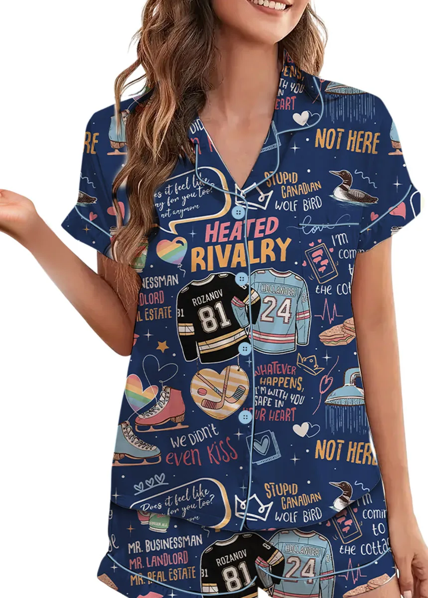 Women’s Hockey Romance Couple Satin Pajamas Set, Navy Color, US Size S-5XL - Image 6
