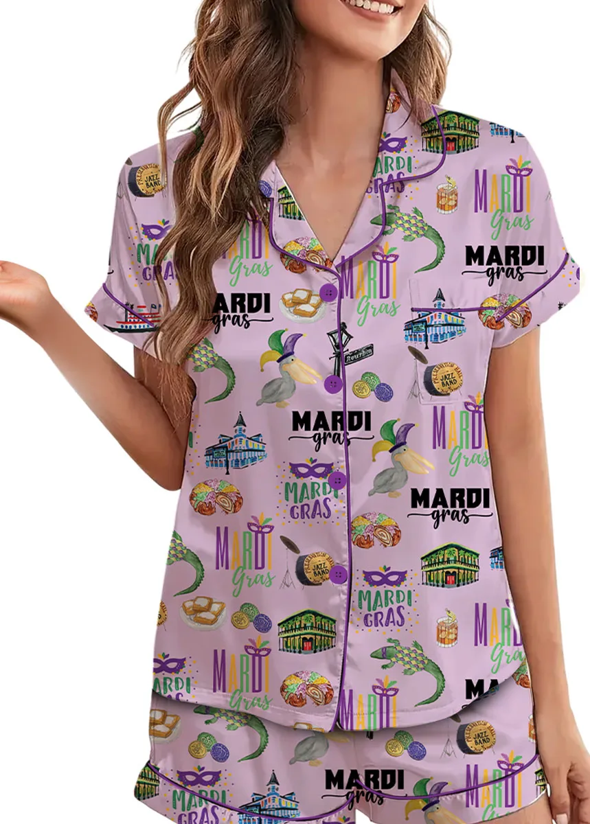 Women’s Mardi Gras Hawaiian Satin Pajamas Set, Pastel Purple Color, US Size S-5XL - Image 5
