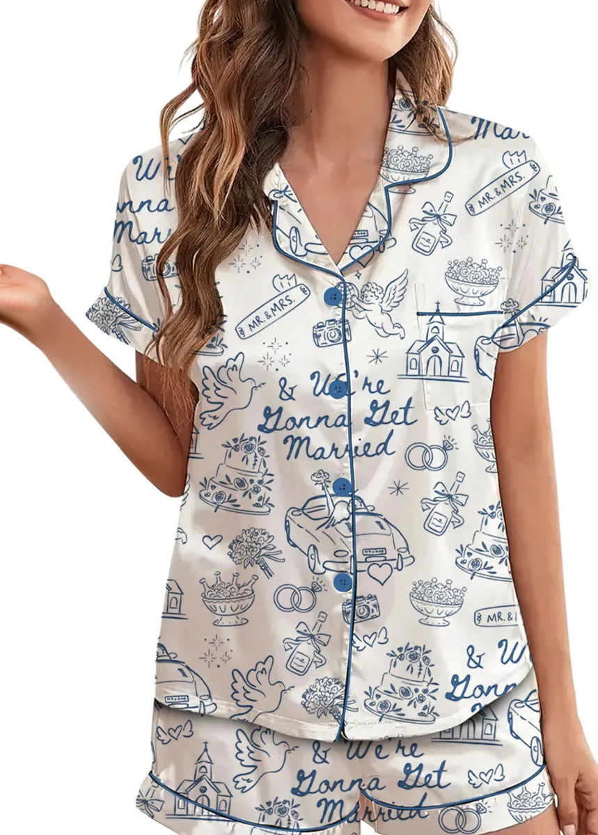 Women’s Going To The Chapel We're Gonna Get Married Wedding Satin Pajamas Set, White Color, US Size S-5XL - Image 3