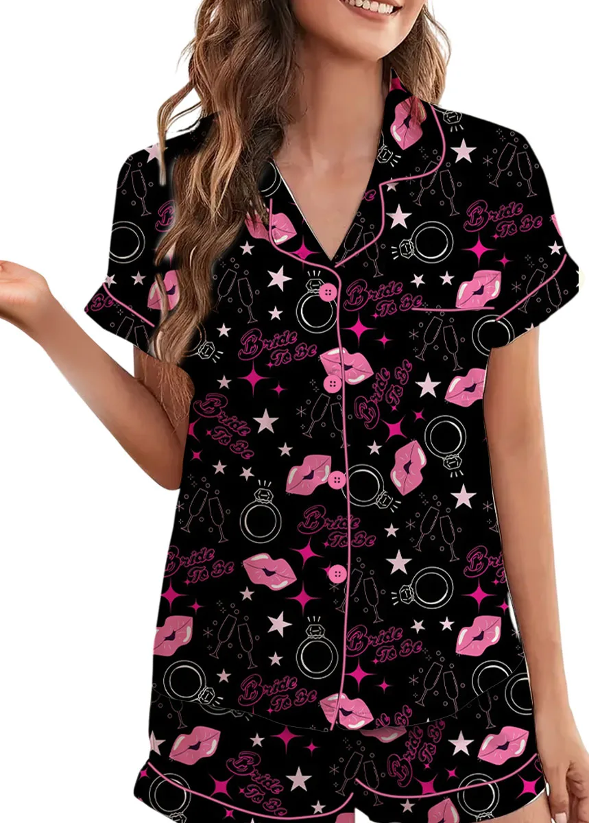Women's Bachelorette Party Pattern Satin Pajamas Set, Black Color, US Size S-5XL - Image 2