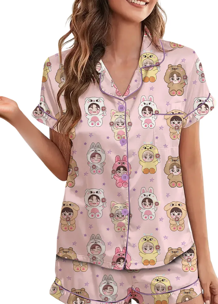 Women’s Kpop Characters Cute Pajamas Set For Women, Pink Color, US Size S-5XL - Image 3