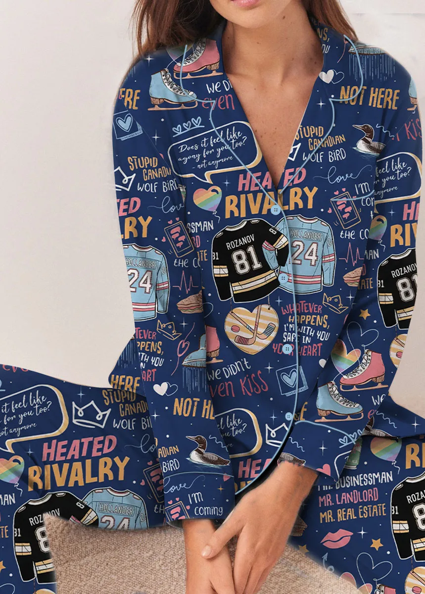 Women’s Hockey Romance Couple Satin Pajamas Set, Navy Color, US Size S-5XL - Image 12
