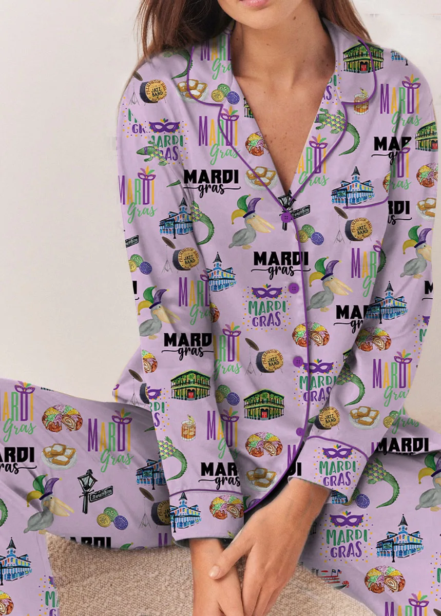 Women’s Mardi Gras Hawaiian Satin Pajamas Set, Pastel Purple Color, US Size S-5XL - Image 11