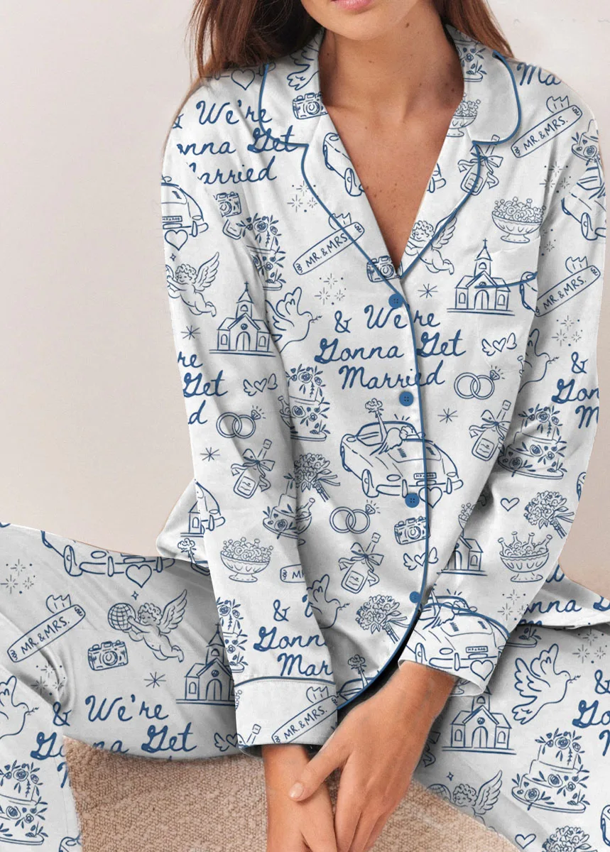 Women’s Going To The Chapel We're Gonna Get Married Wedding Satin Pajamas Set, White Color, US Size S-5XL - Image 10