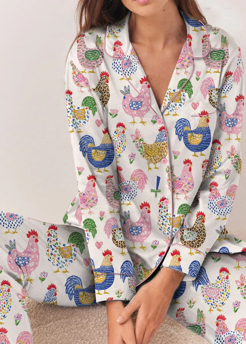 Women's Floral Chicken Satin Pajamas Set, White Color, US Size S-5XL - Image 9