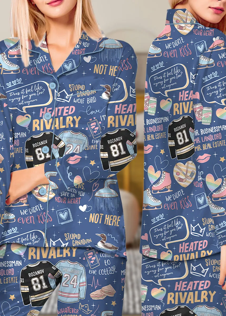 Women’s Hockey Romance Couple Satin Pajamas Set, Navy Color, US Size S-5XL - Image 11