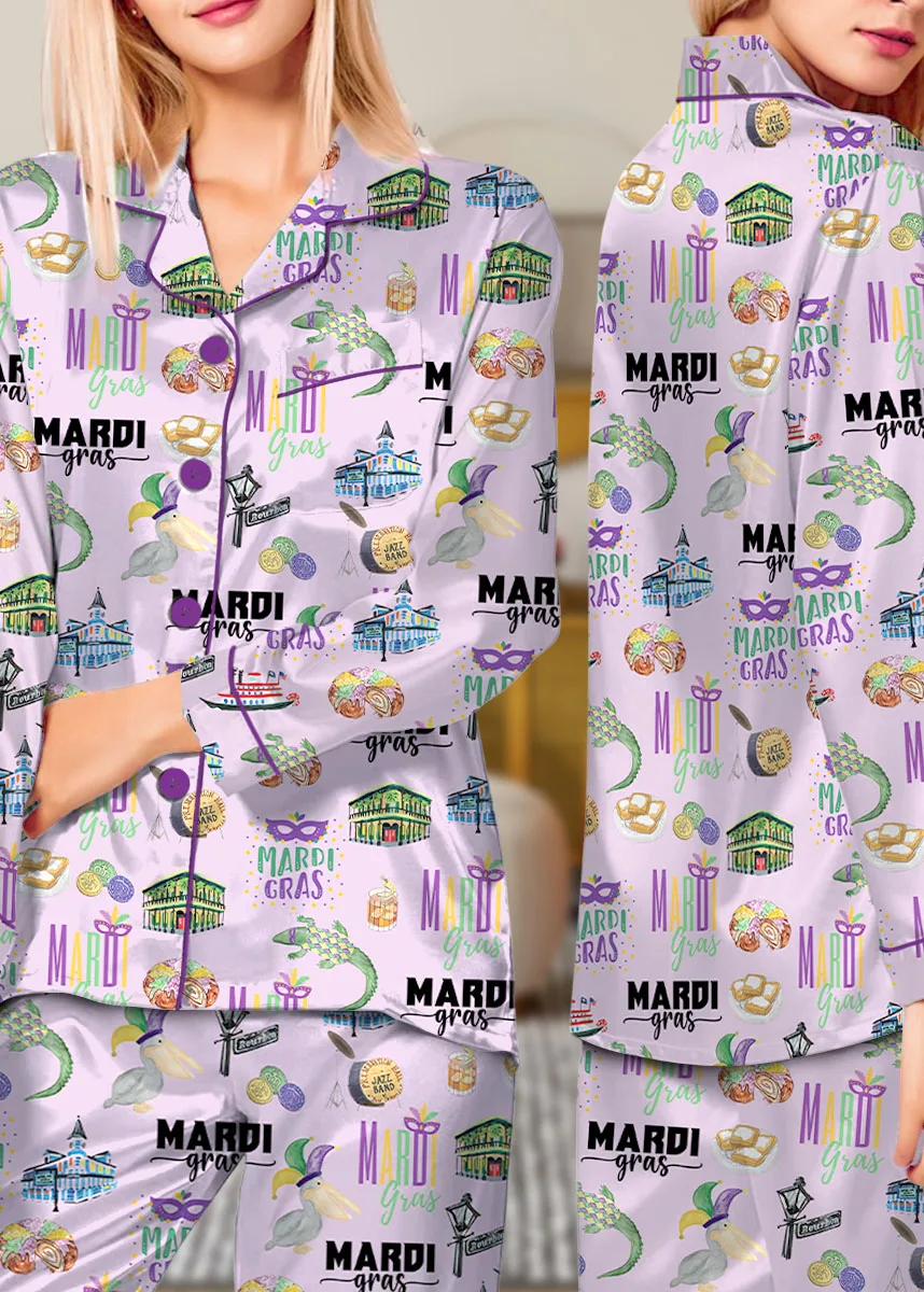 Women’s Mardi Gras Hawaiian Satin Pajamas Set, Pastel Purple Color, US Size S-5XL - Image 10