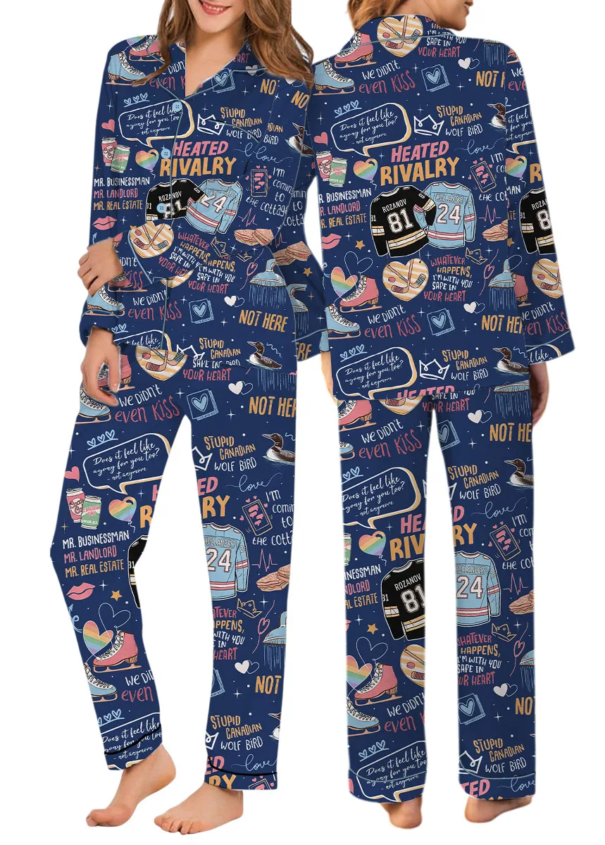 Women’s Hockey Romance Couple Satin Pajamas Set, Navy Color, US Size S-5XL - Image 10