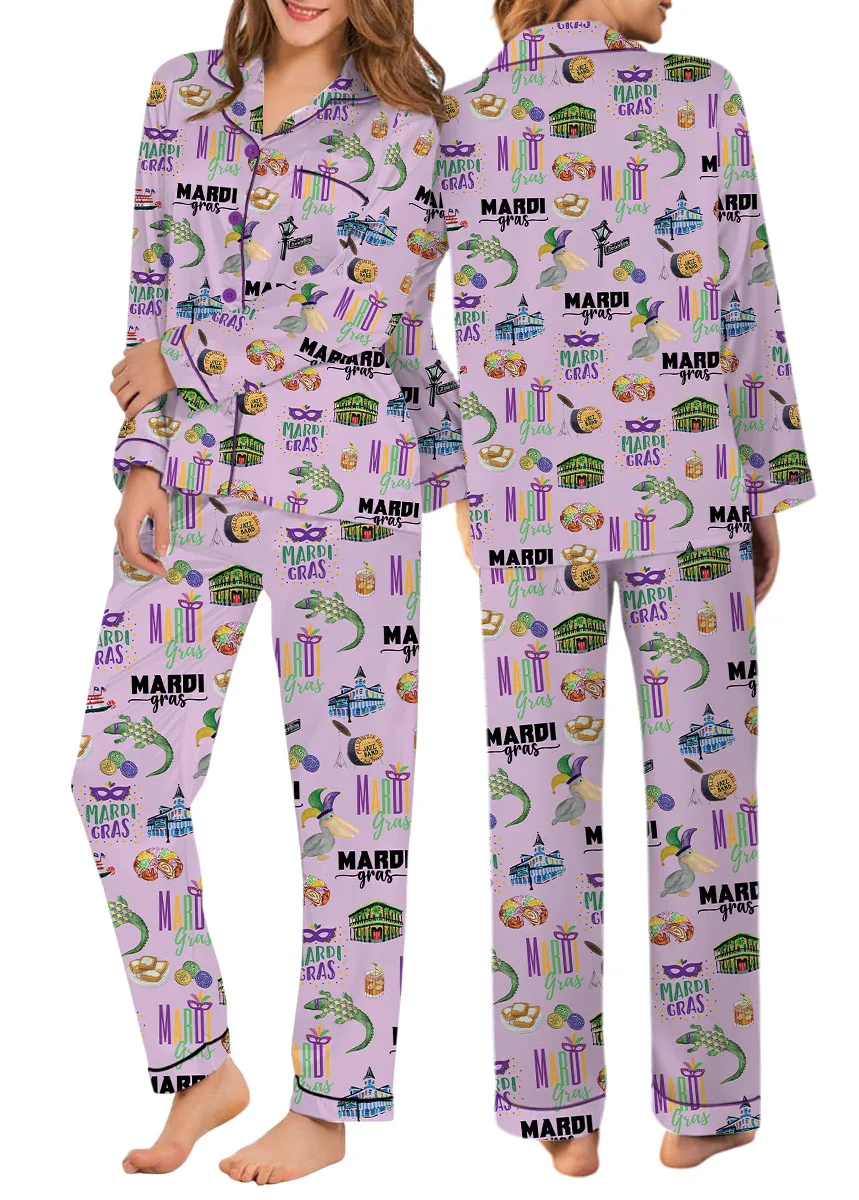 Women’s Mardi Gras Hawaiian Satin Pajamas Set, Pastel Purple Color, US Size S-5XL - Image 12