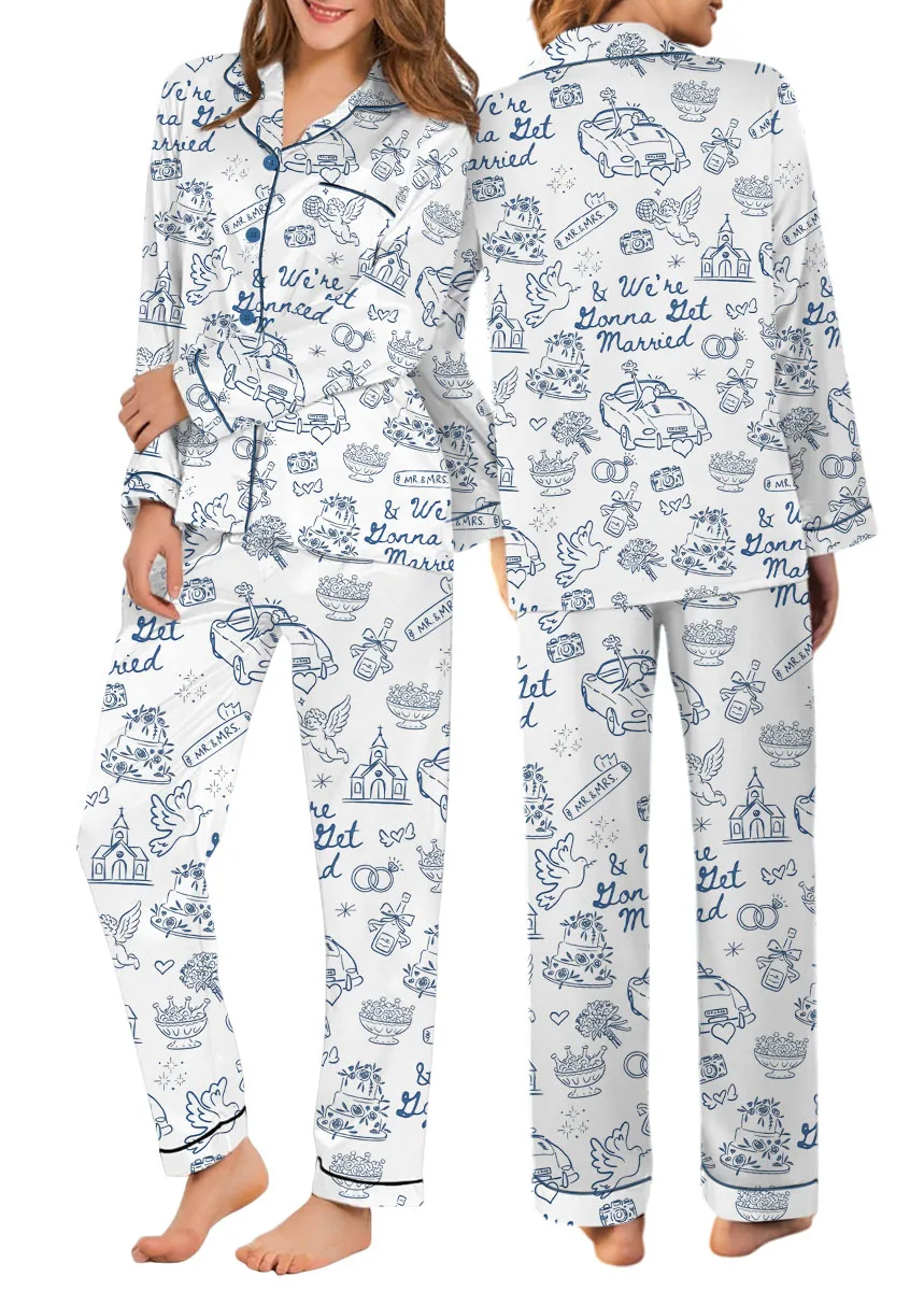Women’s Going To The Chapel We're Gonna Get Married Wedding Satin Pajamas Set, White Color, US Size S-5XL - Image 9