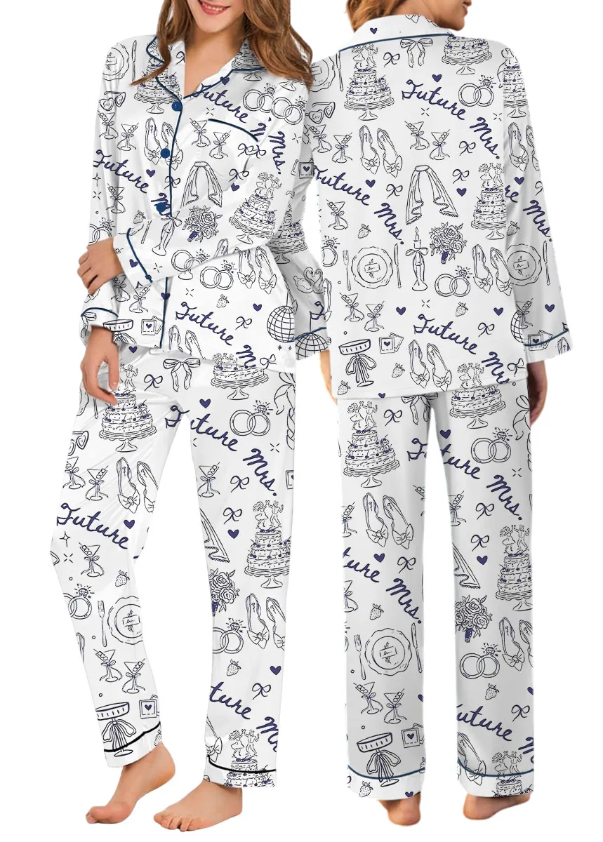 Women's Future Mrs Bride To Be Gift In My Engaged Era Satin Pajamas Set, White Color,US Size S-5XL - Image 10