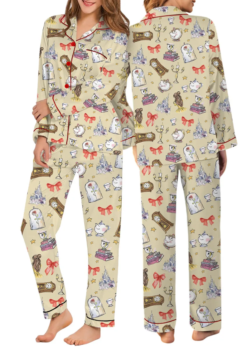 Women's Princess Coquette Satin Pajamas Set, Sand Color, US Size S-5XL - Image 10