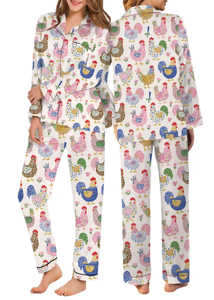 Women's Floral Chicken Satin Pajamas Set, White Color, US Size S-5XL - Image 8
