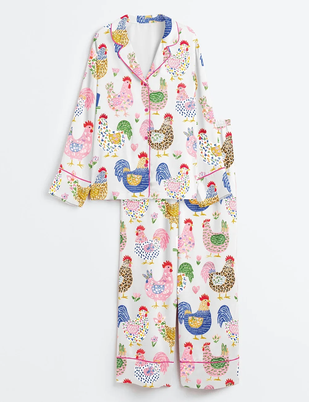 Women's Floral Chicken Satin Pajamas Set, White Color, US Size S-5XL - Image 6