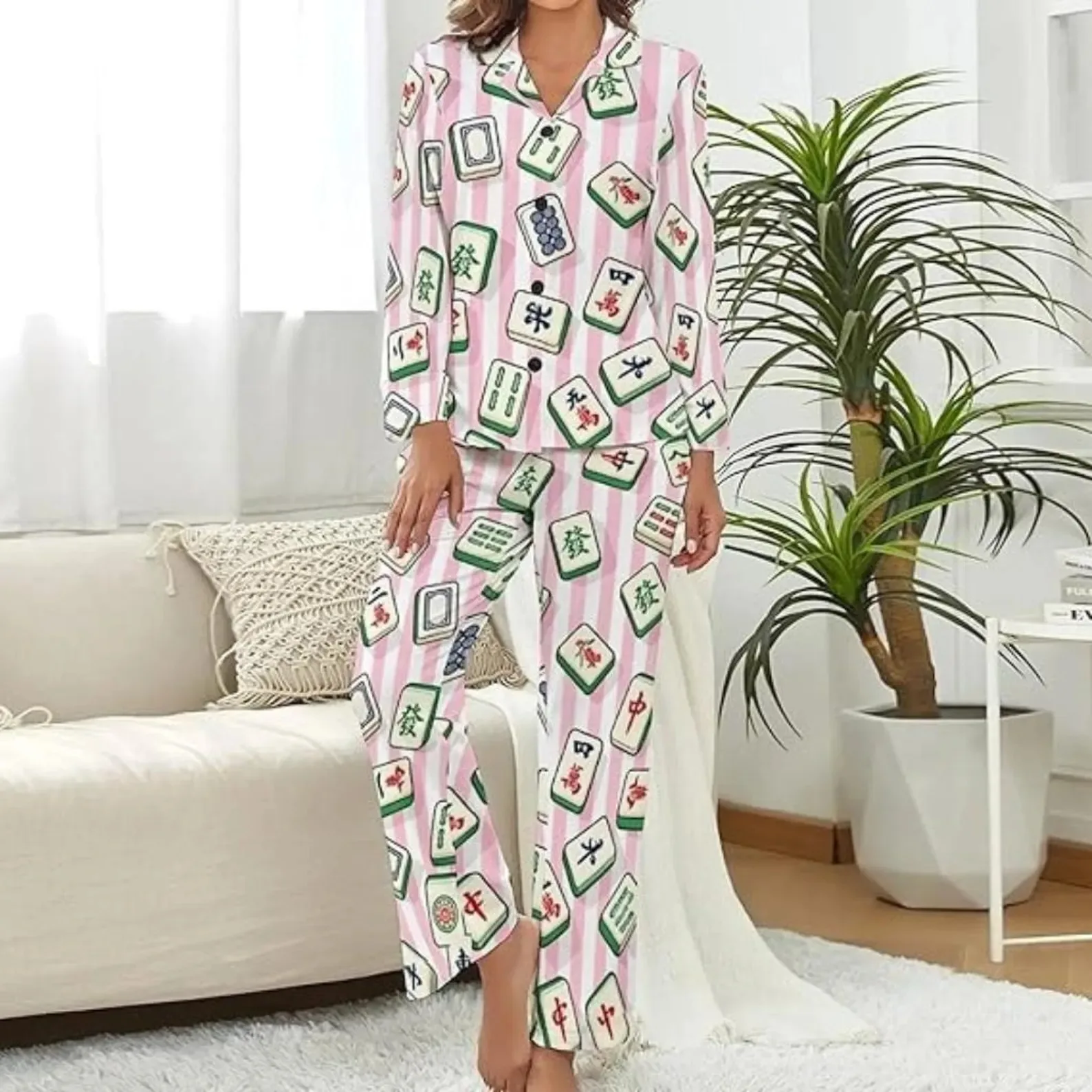 Women’s Chinoiserie Mahjong Satin Pajamas Set For Women, Pink Color, US Size S-5XL - Image 2
