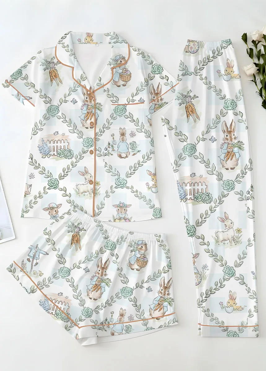 Women’s Peter Rabbit And Friends Satin Pajamas Set For Women, White Color, US Size S-5XL - Image 14