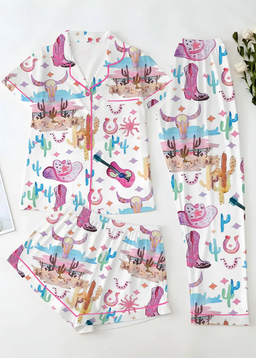 Women’s Colorful Cowgirl Satin Pajamas Set For Women, White Color, US Size S-5XL - Image 14