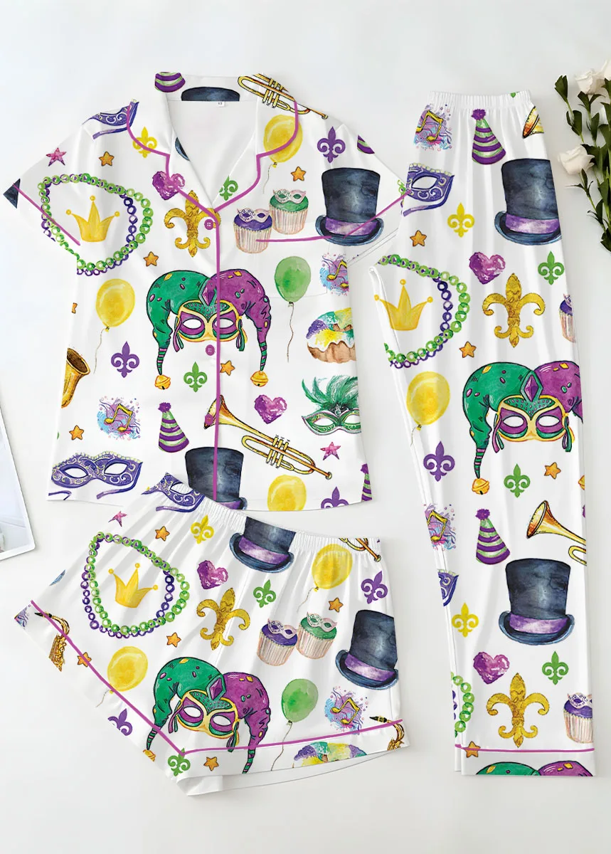 Women’s Mardi Gras New Orleans Satin Pajamas Set For Women, White Color, US Size S-5XL - Image 14