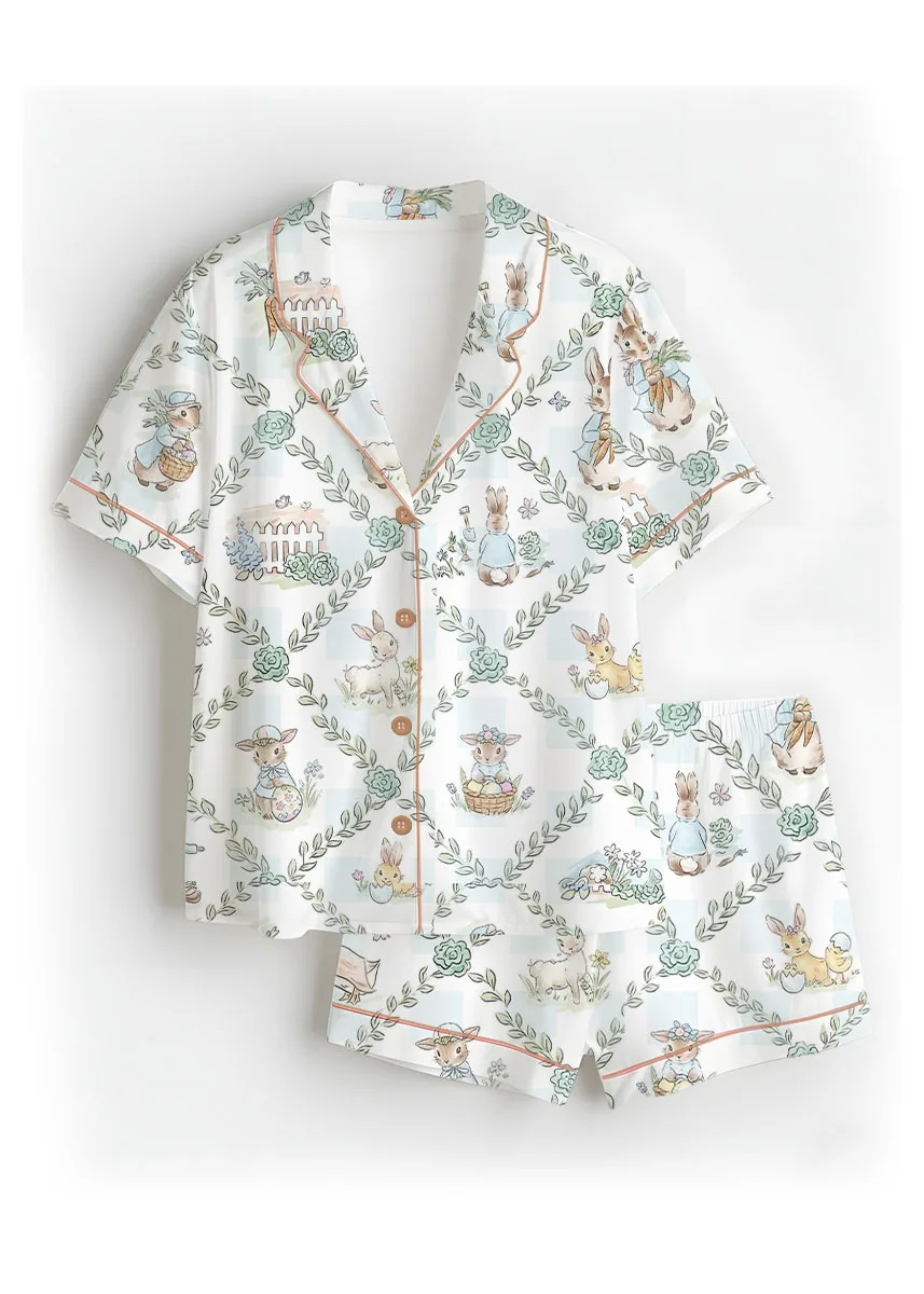 Women’s Peter Rabbit And Friends Satin Pajamas Set For Women, White Color, US Size S-5XL