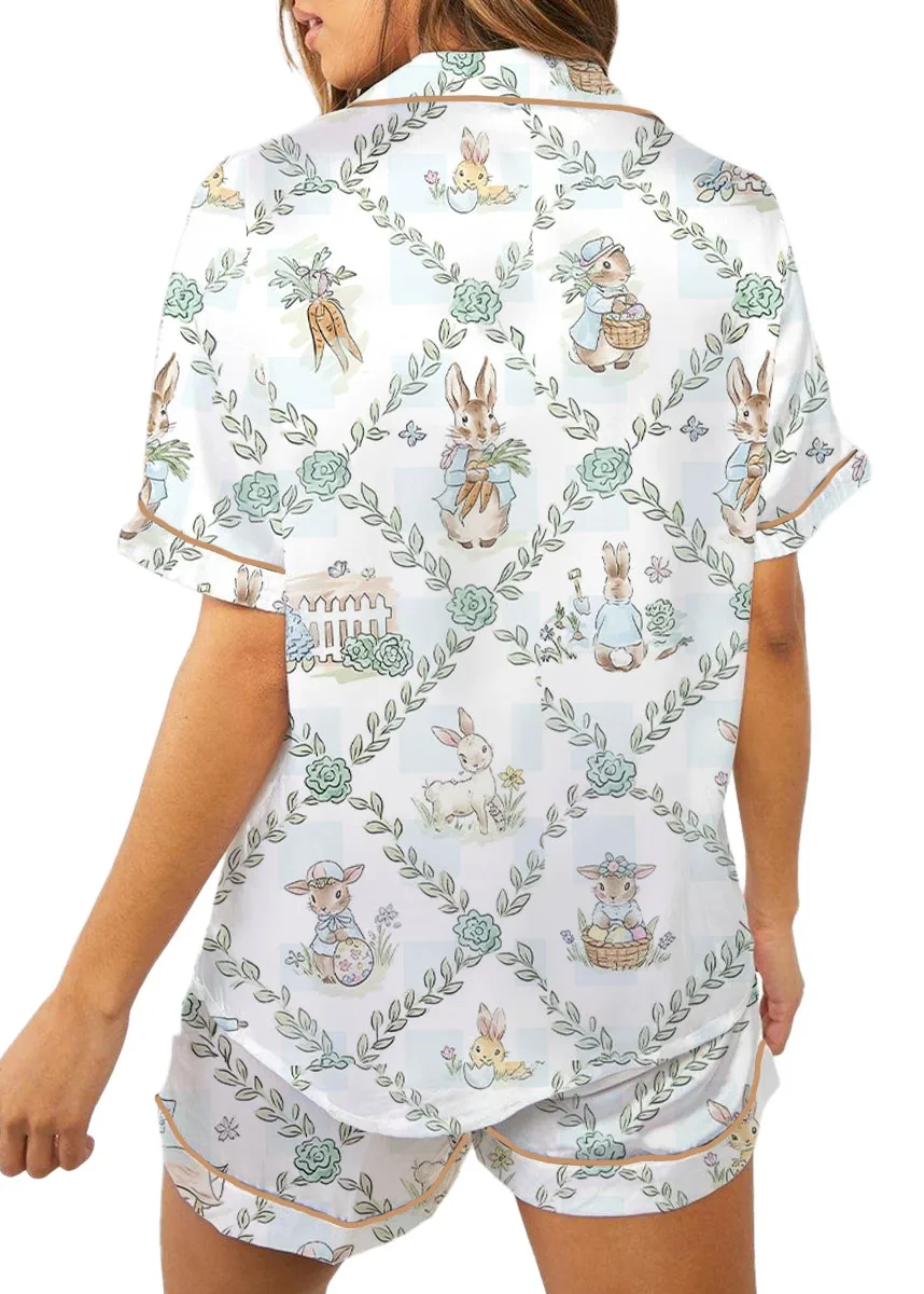 Women’s Peter Rabbit And Friends Satin Pajamas Set For Women, White Color, US Size S-5XL - Image 5