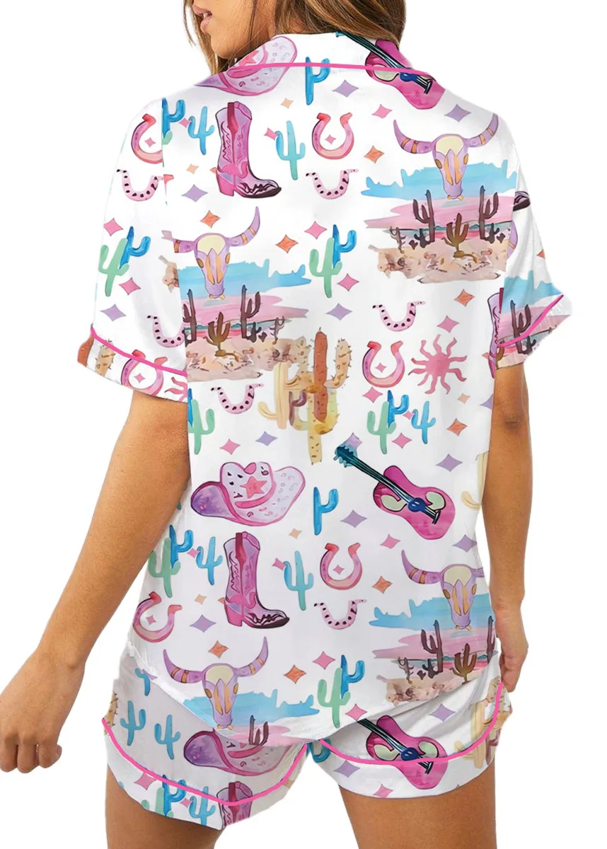 Women’s Colorful Cowgirl Satin Pajamas Set For Women, White Color, US Size S-5XL - Image 6
