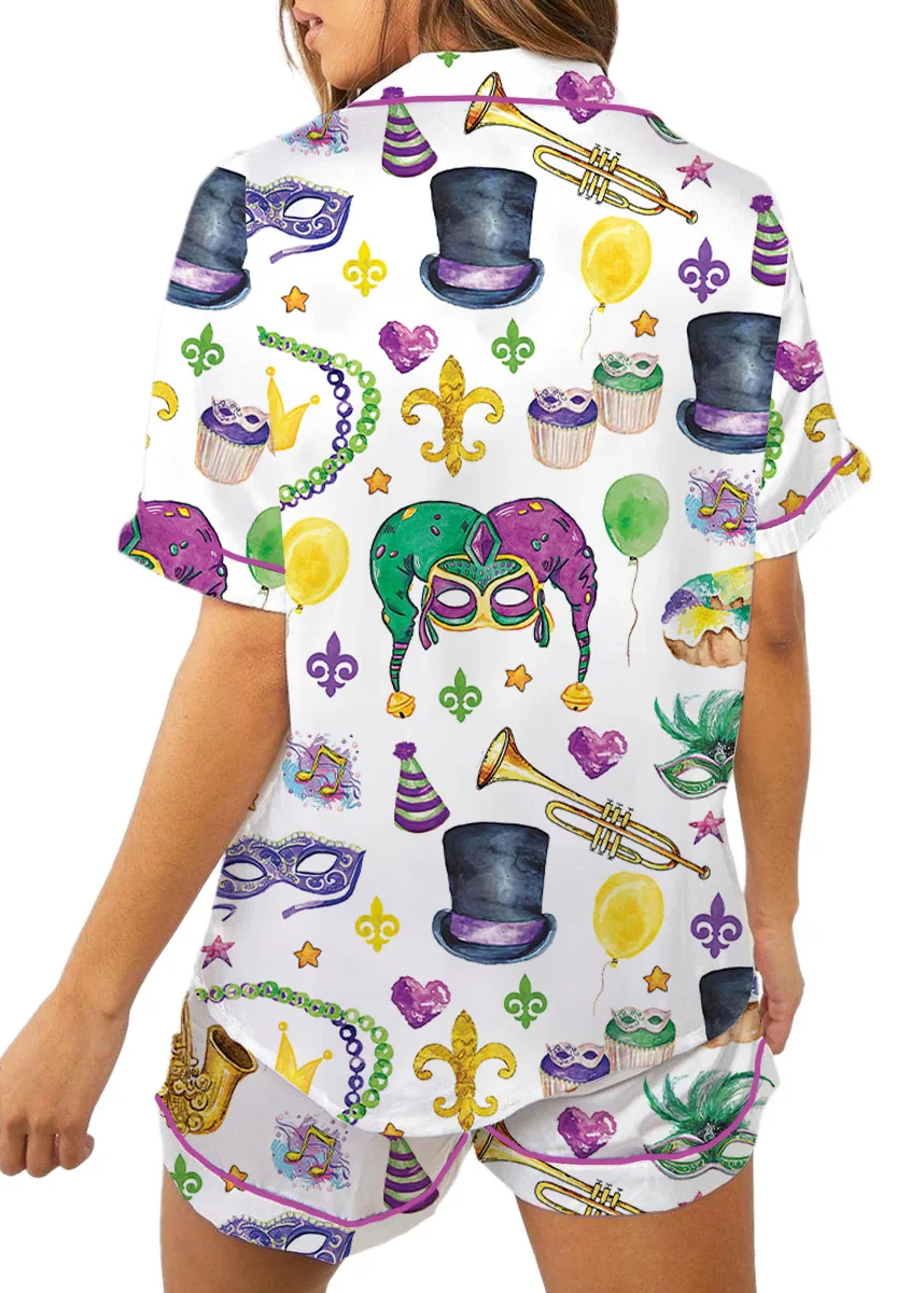 Women’s Mardi Gras New Orleans Satin Pajamas Set For Women, White Color, US Size S-5XL - Image 5