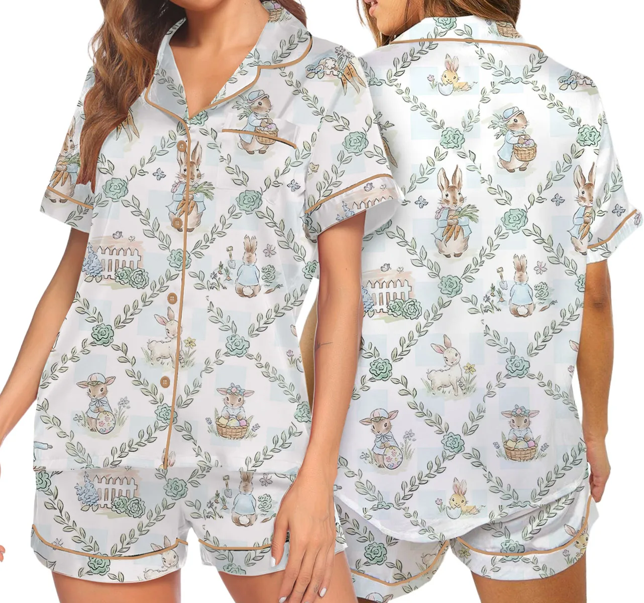 Women’s Peter Rabbit And Friends Satin Pajamas Set For Women, White Color, US Size S-5XL - Image 7