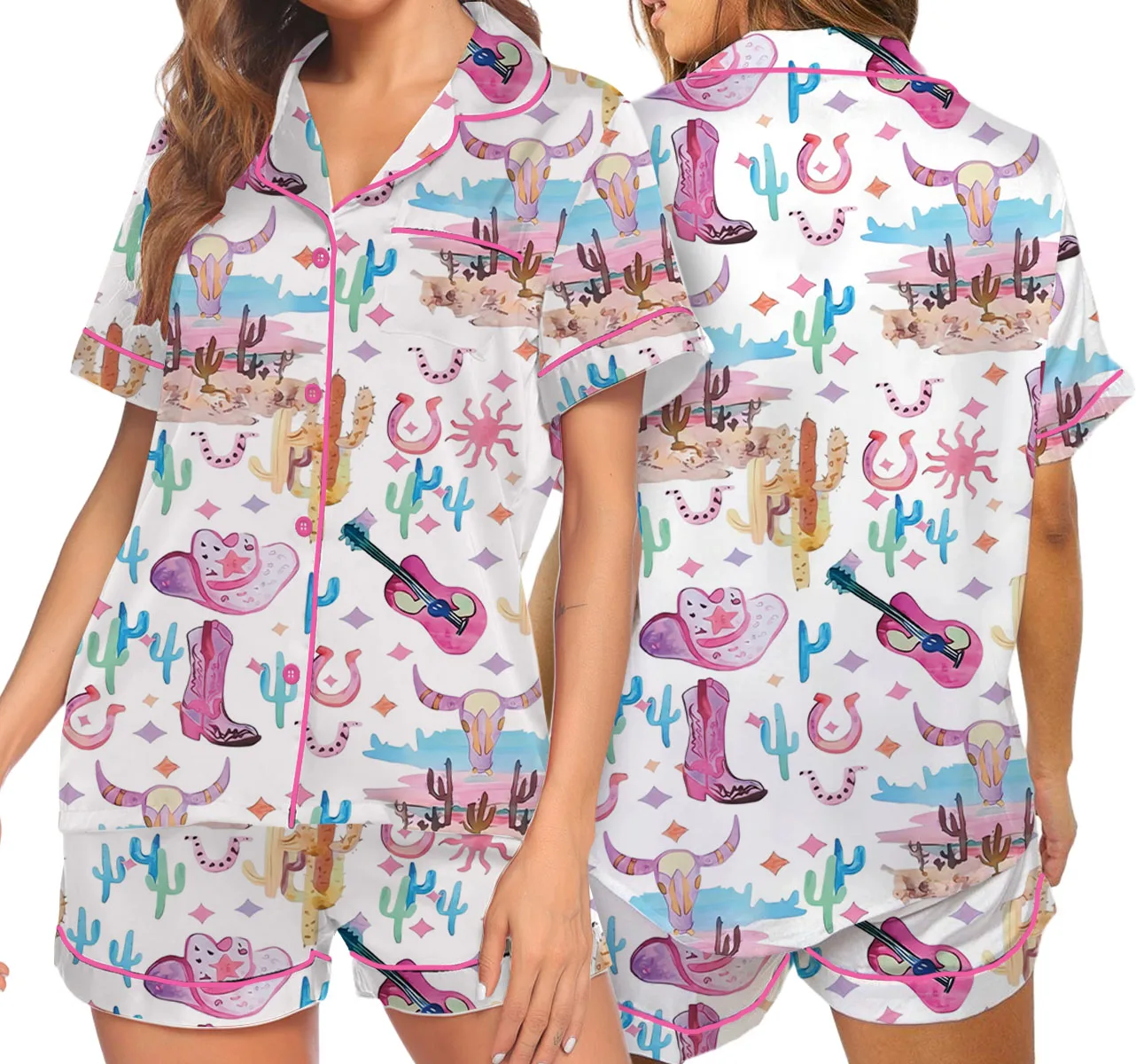 Women’s Colorful Cowgirl Satin Pajamas Set For Women, White Color, US Size S-5XL - Image 5