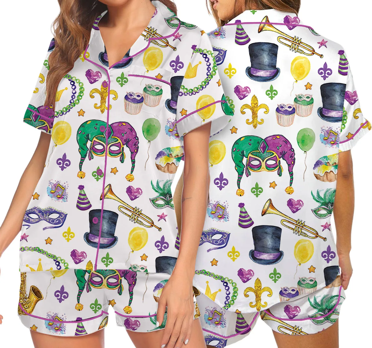 Women’s Mardi Gras New Orleans Satin Pajamas Set For Women, White Color, US Size S-5XL - Image 7