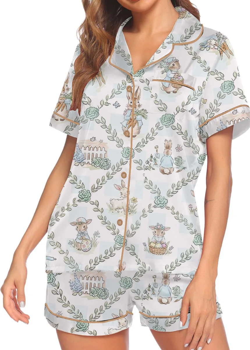 Women’s Peter Rabbit And Friends Satin Pajamas Set For Women, White Color, US Size S-5XL - Image 3