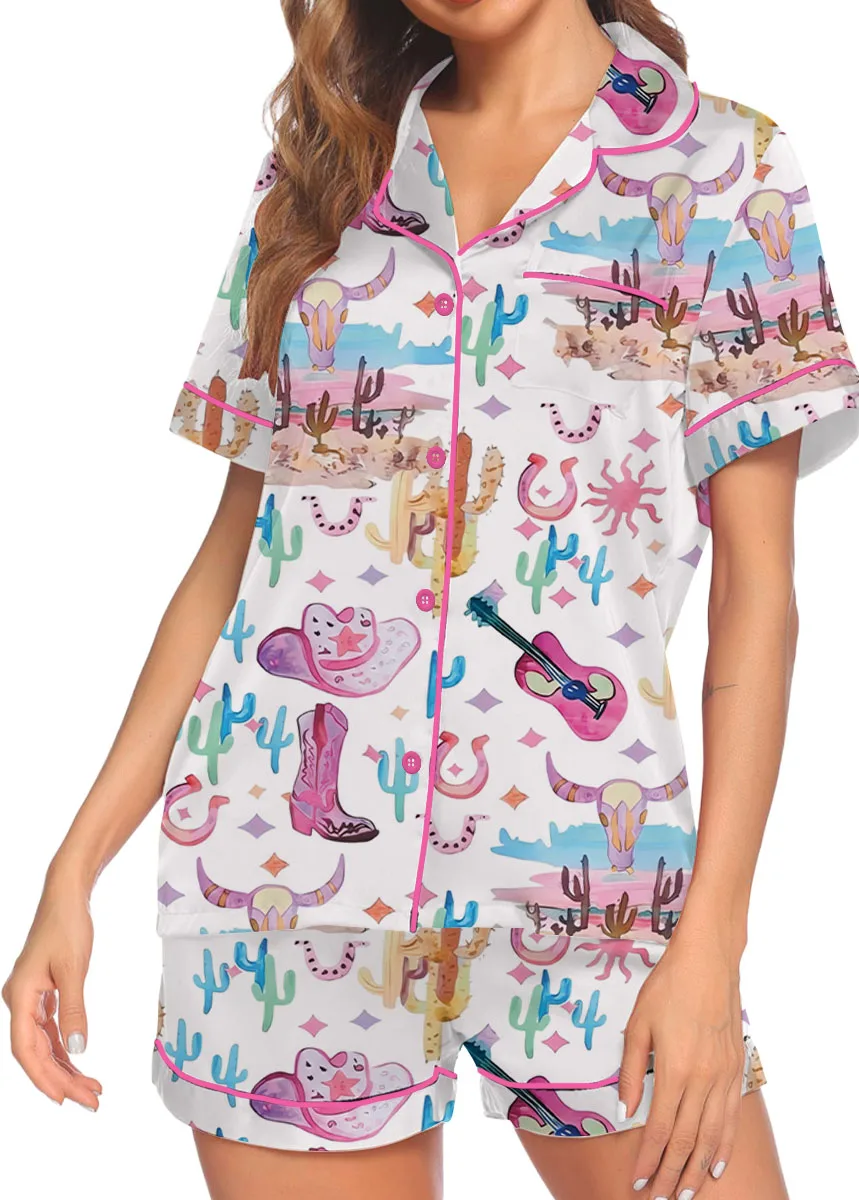 Women’s Colorful Cowgirl Satin Pajamas Set For Women, White Color, US Size S-5XL - Image 3