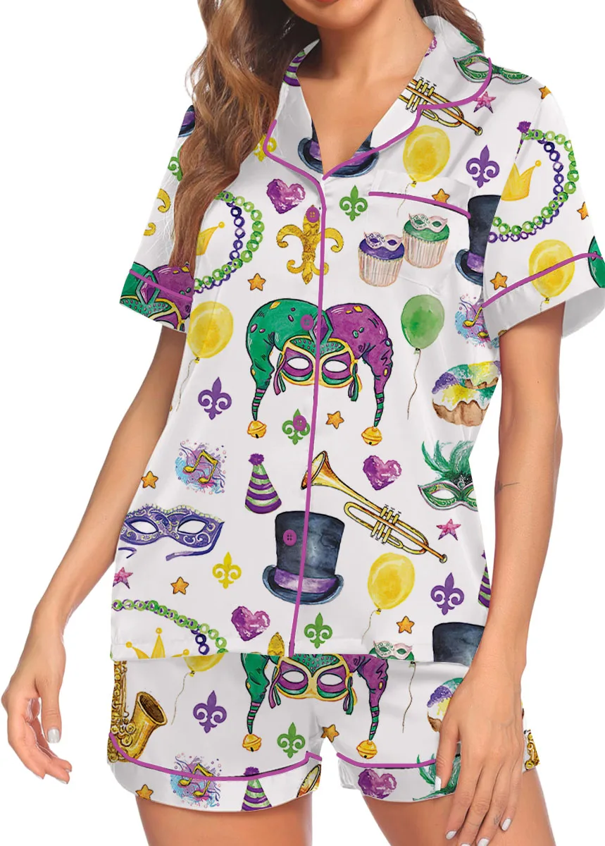 Women’s Mardi Gras New Orleans Satin Pajamas Set For Women, White Color, US Size S-5XL - Image 3