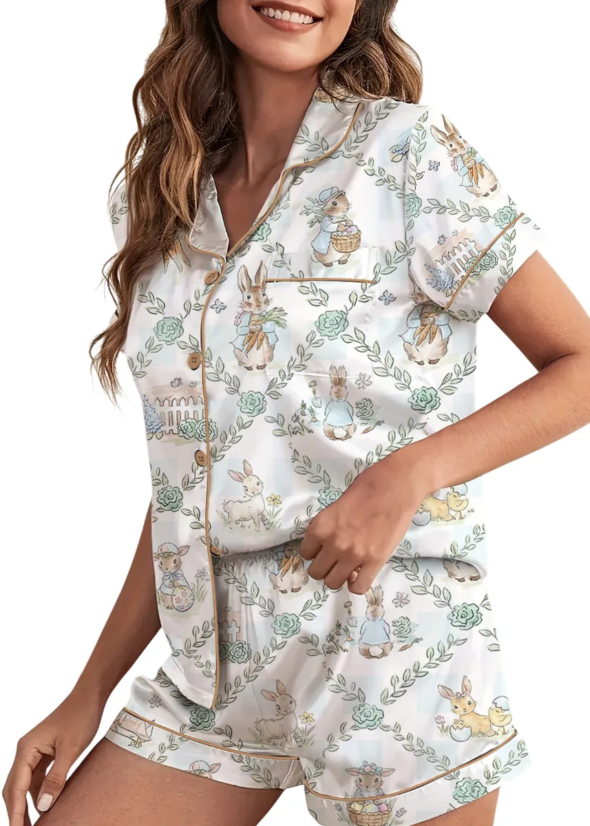 Women’s Peter Rabbit And Friends Satin Pajamas Set For Women, White Color, US Size S-5XL - Image 4
