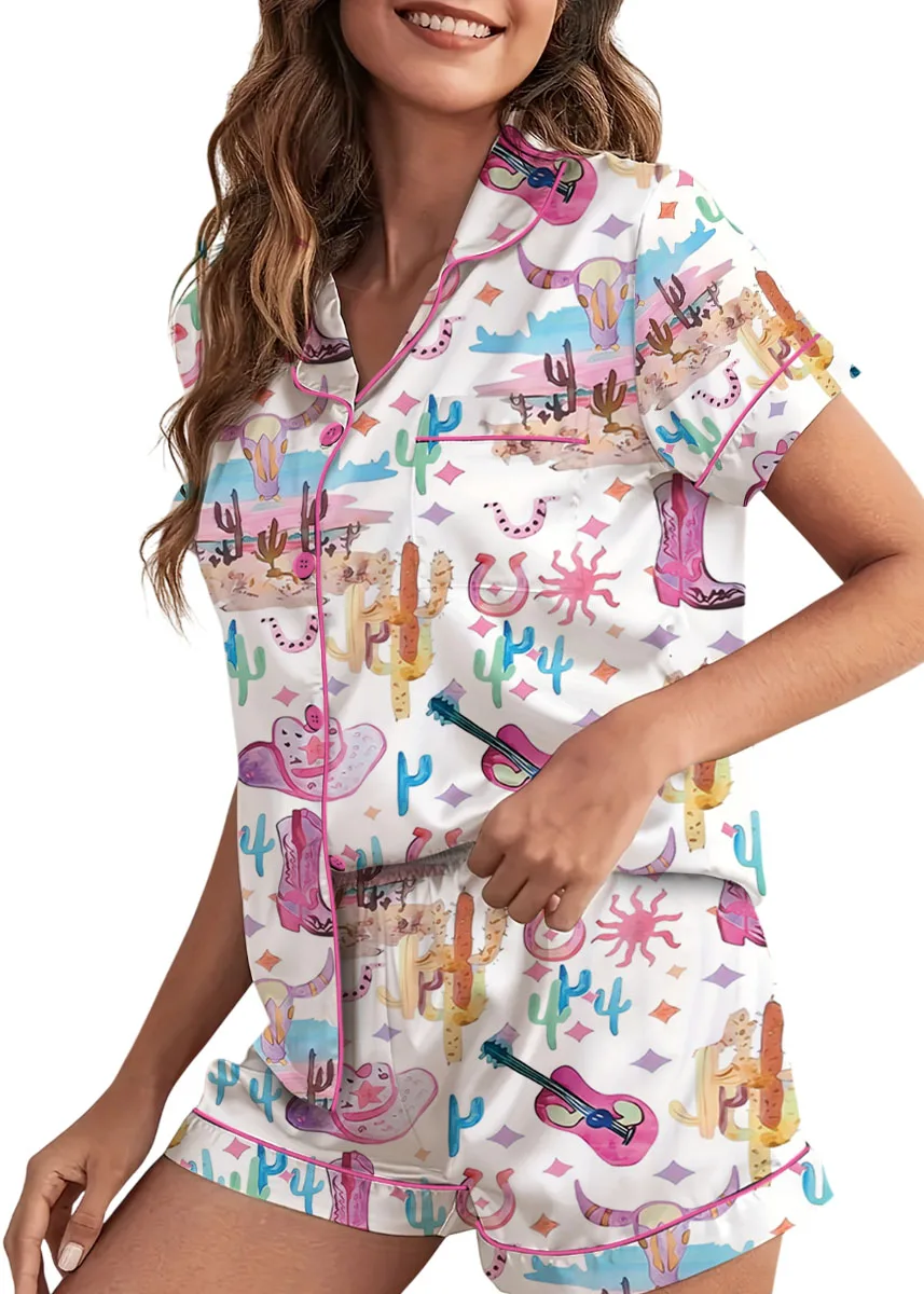 Women’s Colorful Cowgirl Satin Pajamas Set For Women, White Color, US Size S-5XL - Image 2