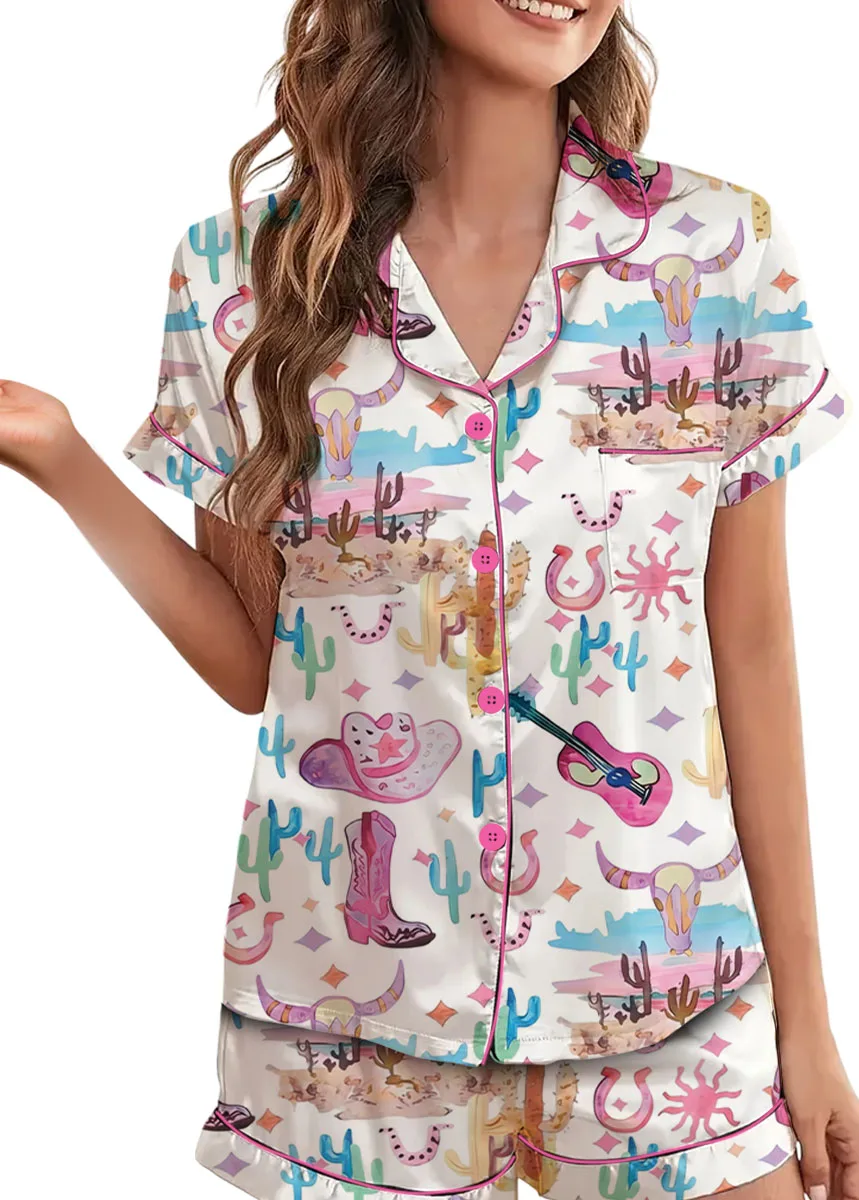 Women’s Colorful Cowgirl Satin Pajamas Set For Women, White Color, US Size S-5XL - Image 4