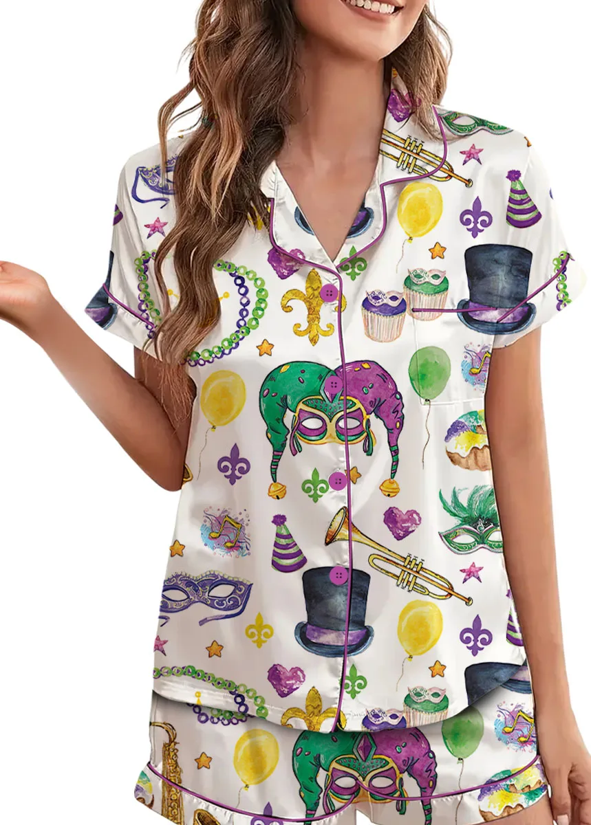 Women’s Mardi Gras New Orleans Satin Pajamas Set For Women, White Color, US Size S-5XL - Image 4