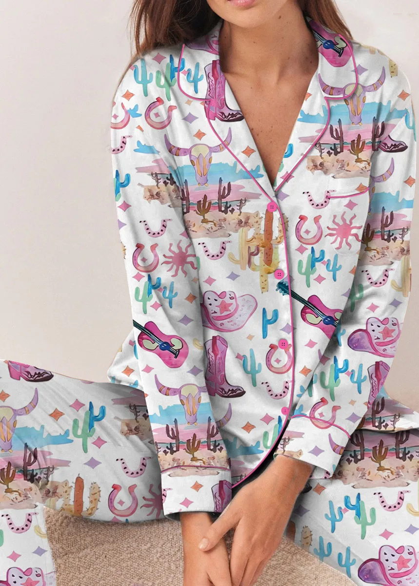 Women’s Colorful Cowgirl Satin Pajamas Set For Women, White Color, US Size S-5XL - Image 11