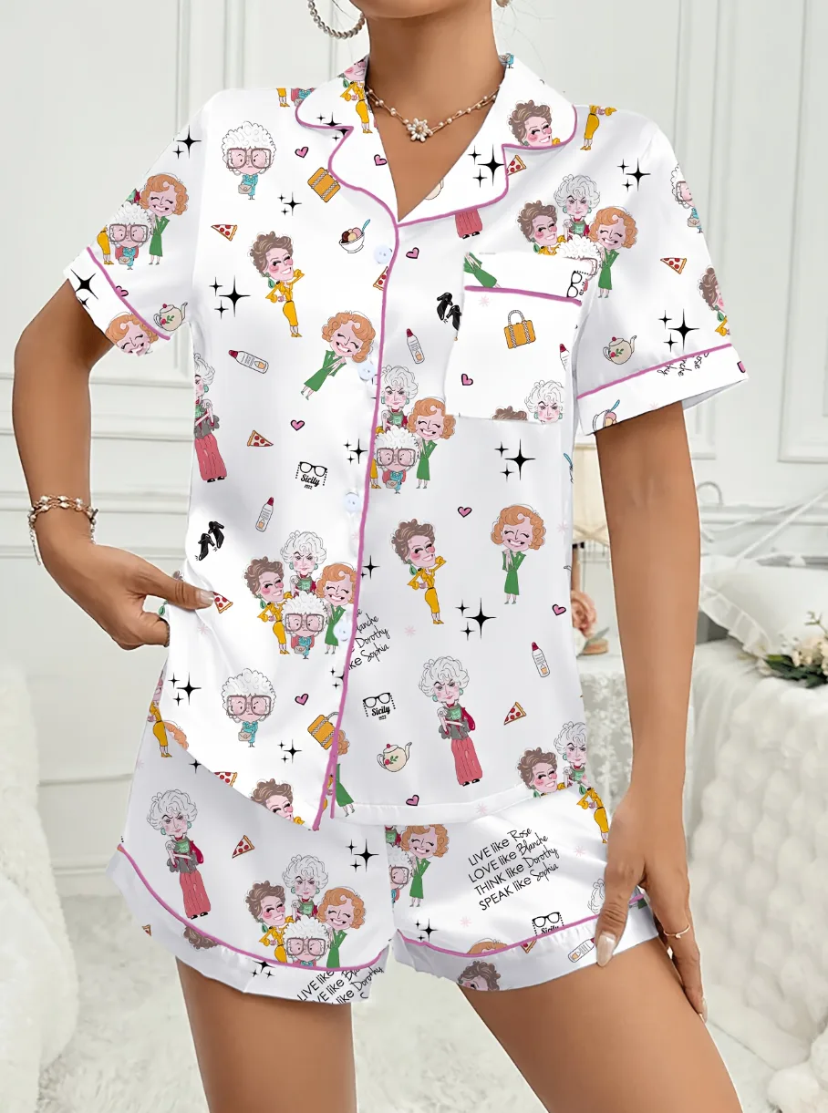 Golden G1rs Satin Pajama Set, Classic TV Show Short Sleeve PJs, Women's Button Down Sleepwear, Retro Loungewear Gift