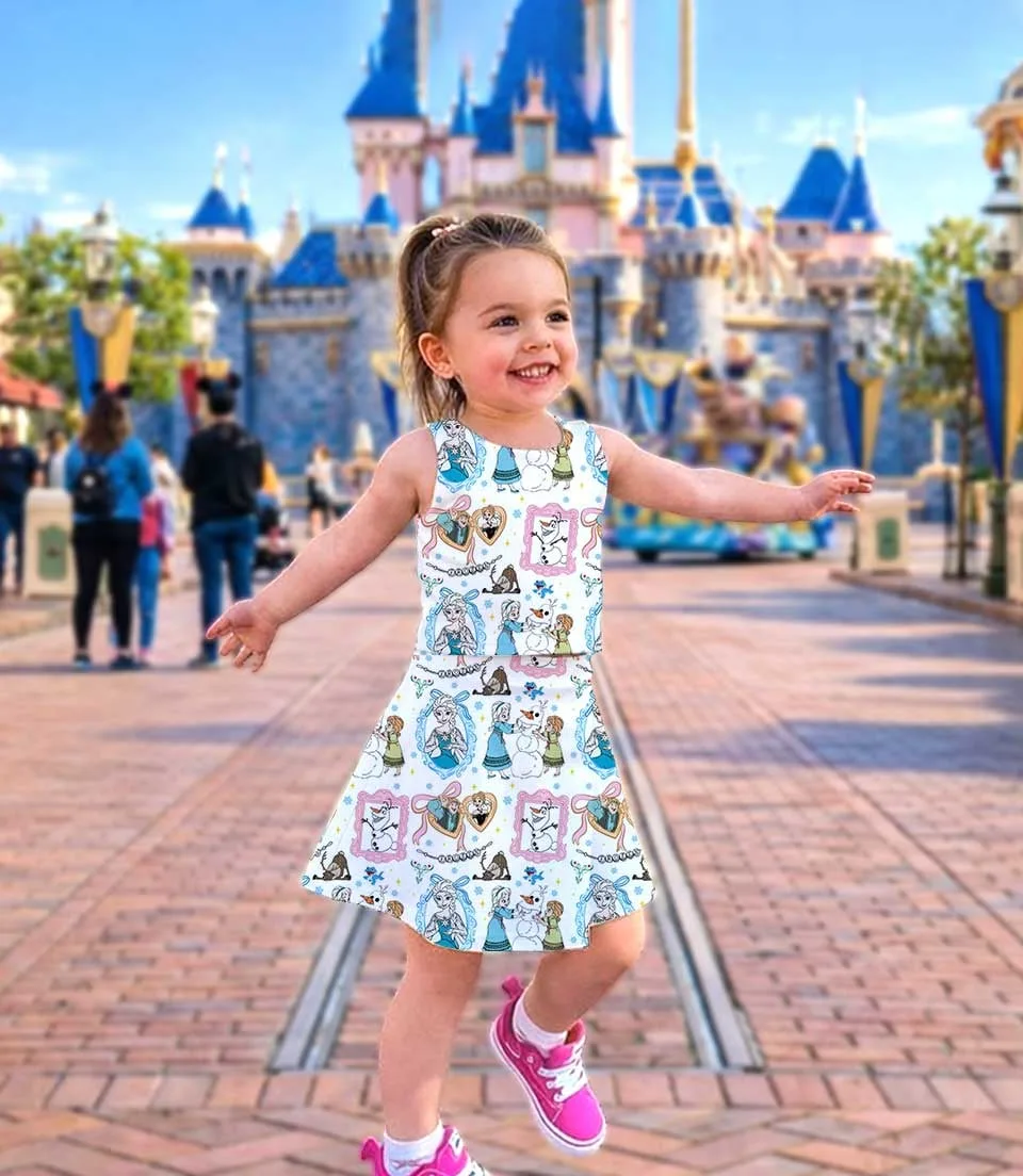 Icy Frozen Elsa Watercolor Dress Set, Princess Mirror Bow Birthday Vacation Outfit - Image 3