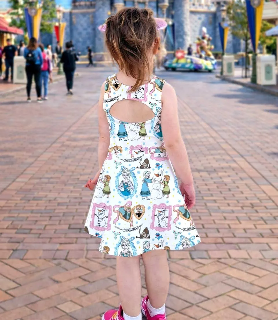 Icy Frozen Elsa Watercolor Dress Set, Princess Mirror Bow Birthday Vacation Outfit - Image 4