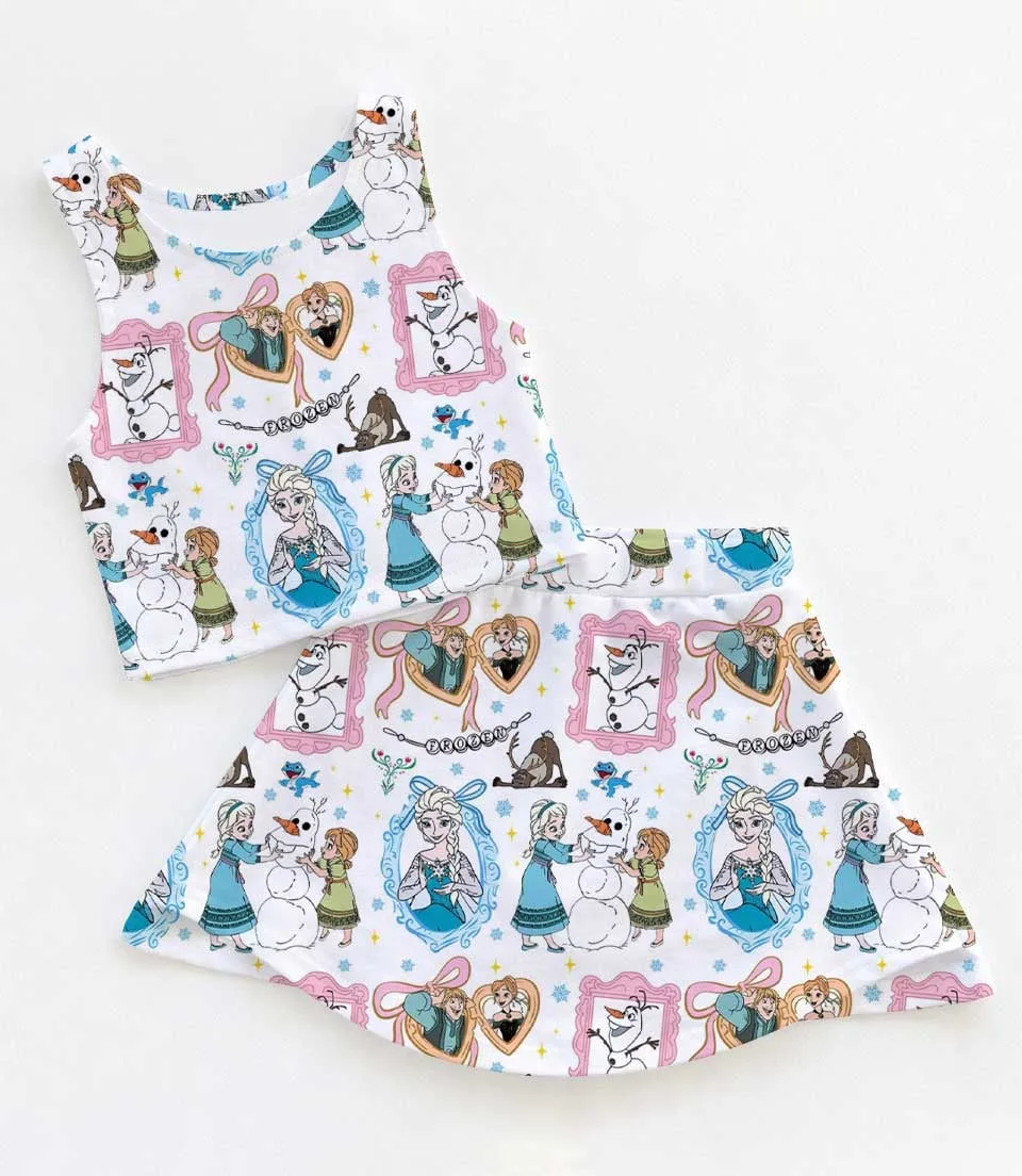 Icy Frozen Elsa Watercolor Dress Set, Princess Mirror Bow Birthday Vacation Outfit
