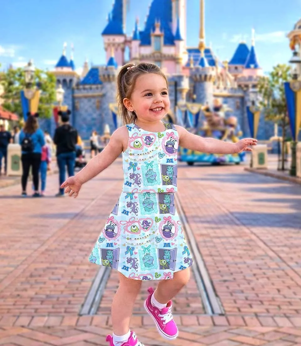 Women's Monsters Inc Activewear Set, Watercolor Mike Sulley Boo Athletic Dress & Bow Skort Outfit - Image 3