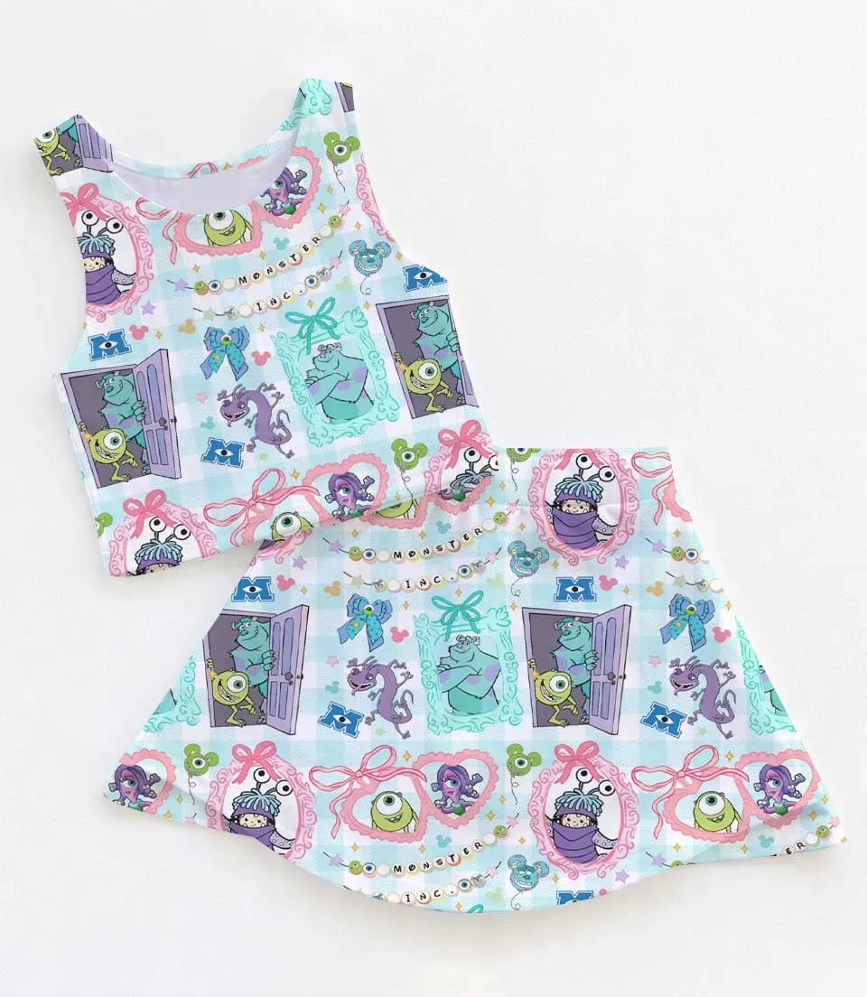 Women's Monsters Inc Activewear Set, Watercolor Mike Sulley Boo Athletic Dress & Bow Skort Outfit
