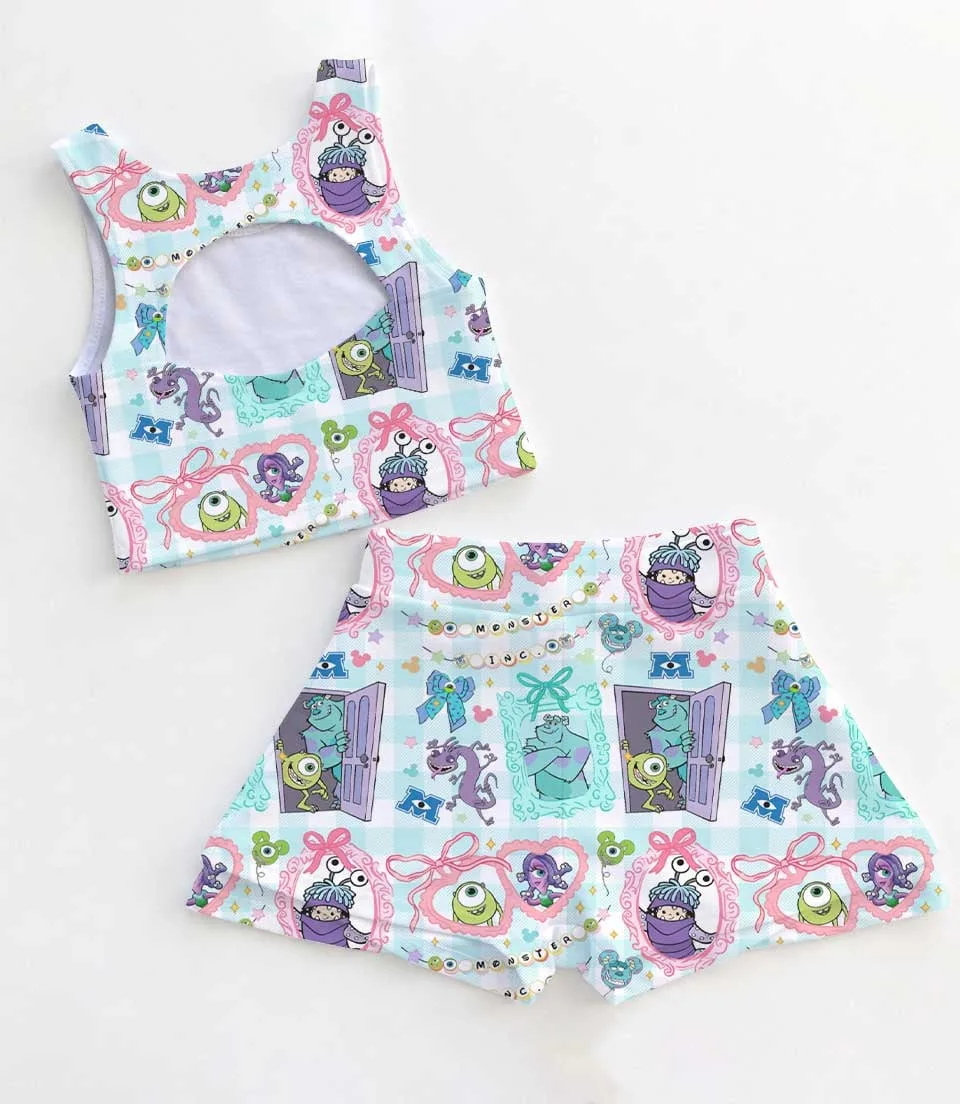 Women's Monsters Inc Activewear Set, Watercolor Mike Sulley Boo Athletic Dress & Bow Skort Outfit - Image 2