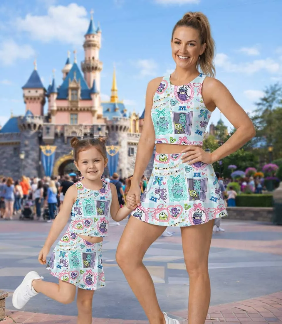 Women's Monsters Inc Activewear Set, Watercolor Mike Sulley Boo Athletic Dress & Bow Skort Outfit - Image 5